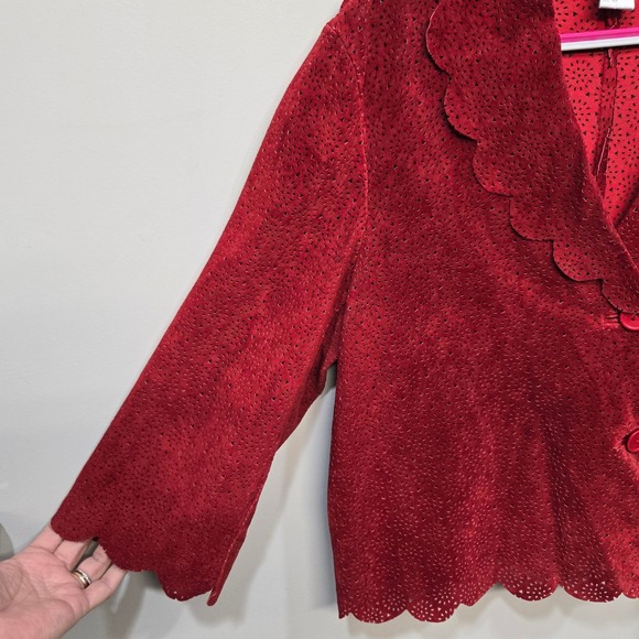 Vintage 90s Spiegel Suede Leather Jacket Plus Size 18 Laser Cut Scallop Western - Picture 4 of 8